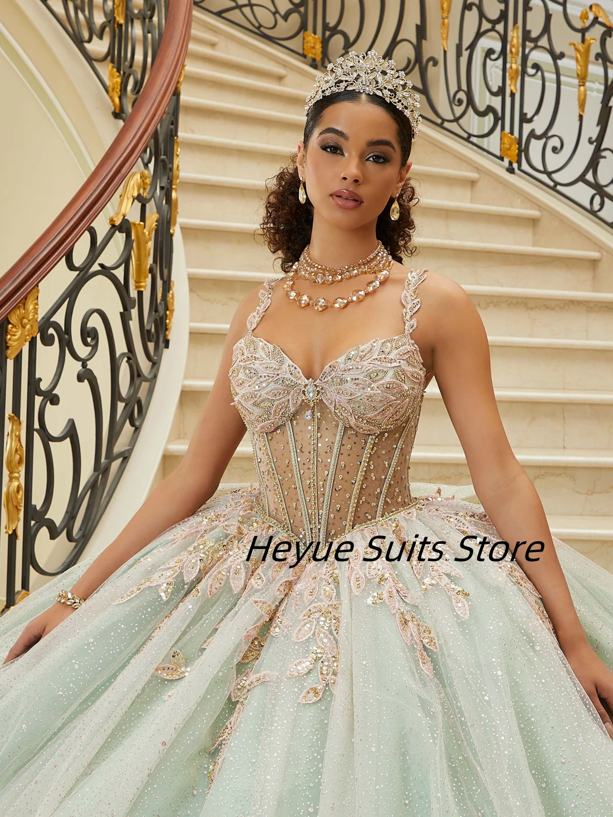 ที่กําหนดเองชุดบอล Quinceanera ชุดคริสตัลลูกปัดประกายชีฟองโลหะเย็บปักถักร้อยเพชรชุด vestidos de 15 quinceañeras