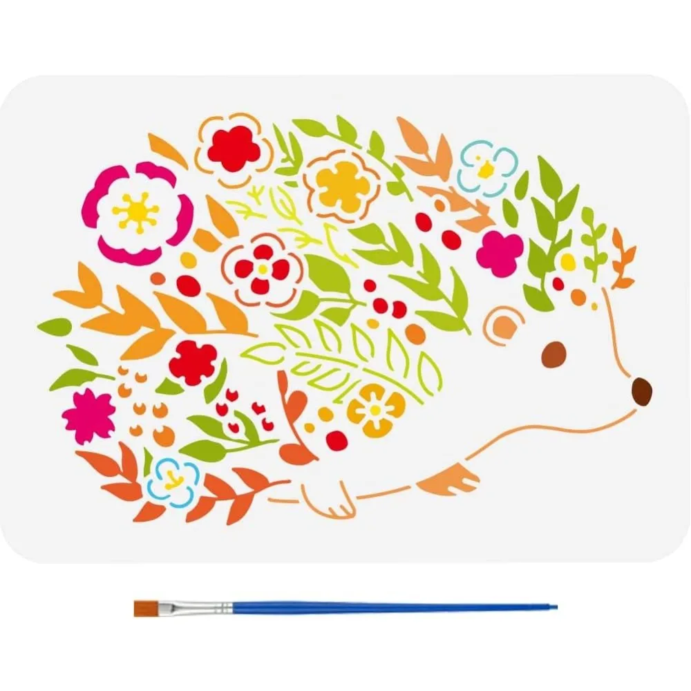 Hedgehog and Flowers Stencil for Painting 8.3x11.7 inch with Paint Brush Decorative Hedgehog Pattern Template Plastic making kit