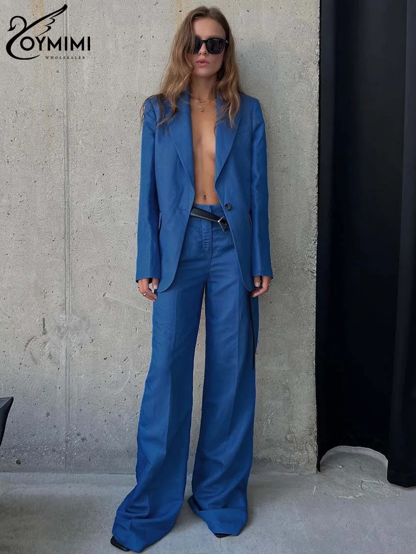 Oymimi-Conjuntos de algodón azul para mujer, camisas elegantes de manga larga con un solo botón y pantalones de pierna ancha sólidos, 2 piezas