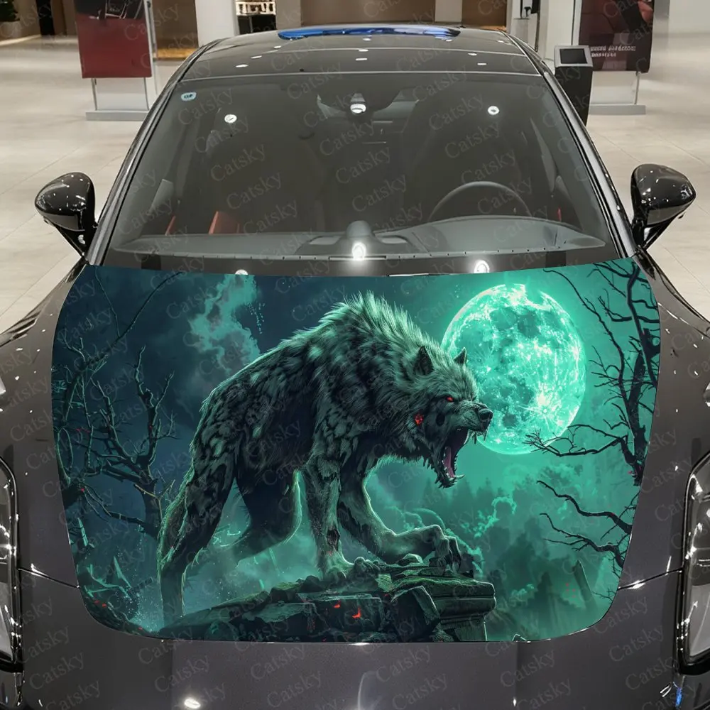 

Green Tomb and Howling Monster Wolf Car Vinyl Wrap, PVC Material Waterproof Car Hood Sticker, Self-Adhesive Scratch-Resistant St