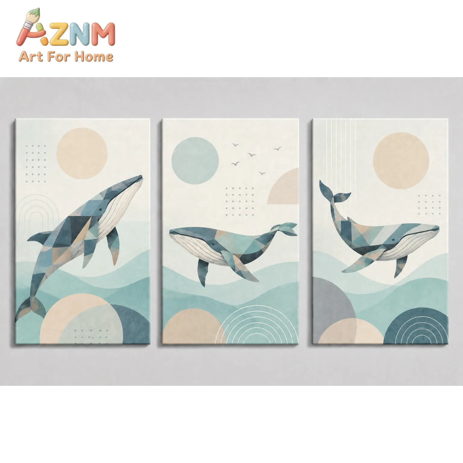 AZNM Geometric Whale Ocean Canvas Wall Art Frameless Poster Abstract Boho Sea Animal Print Home Decor for Bedroom Living Room Wa