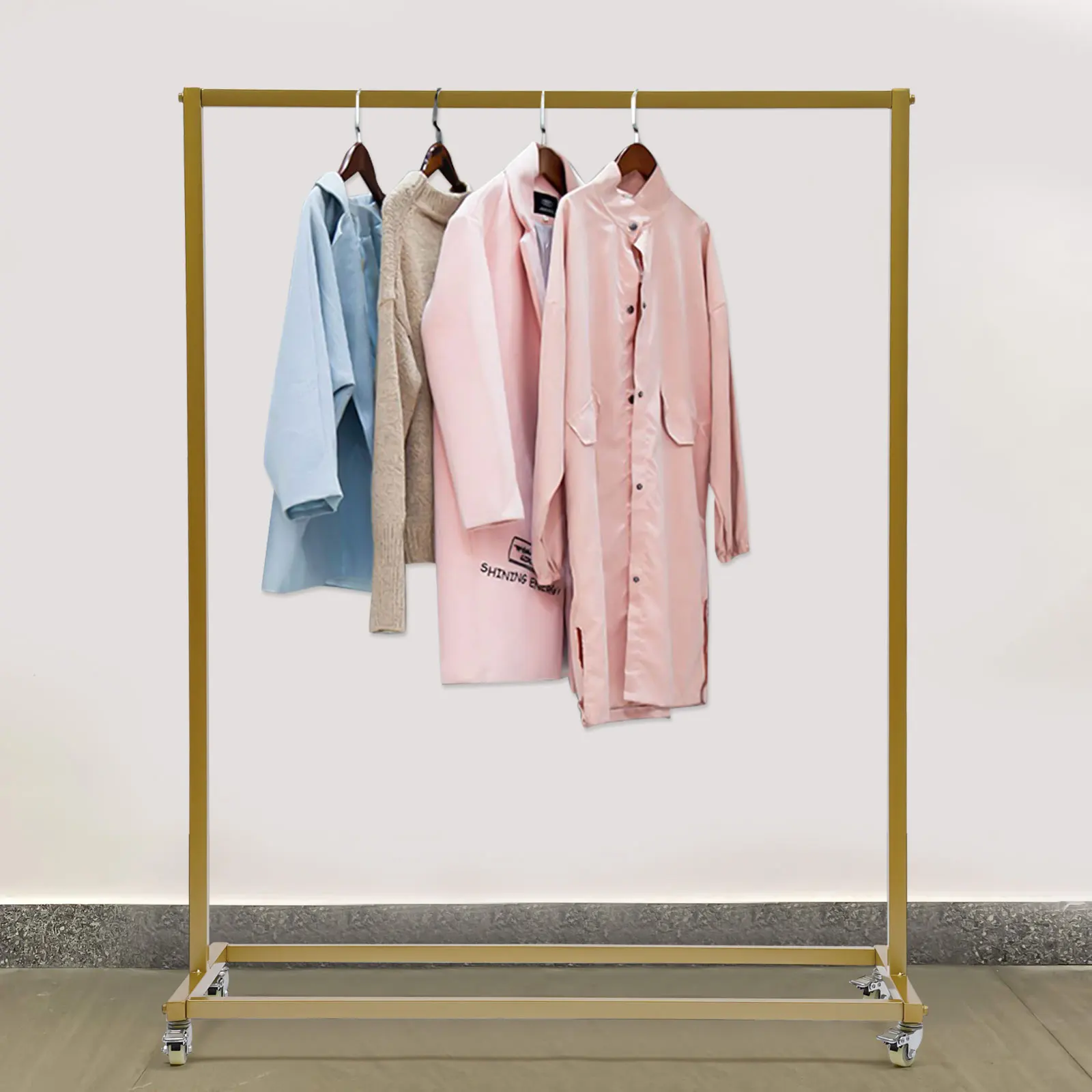 Industrial Style Freestanding Clothes Rack, Gold Iron Garment Display Stand with 4 Universal Wheels, 25kg/55lbs Load Capacity