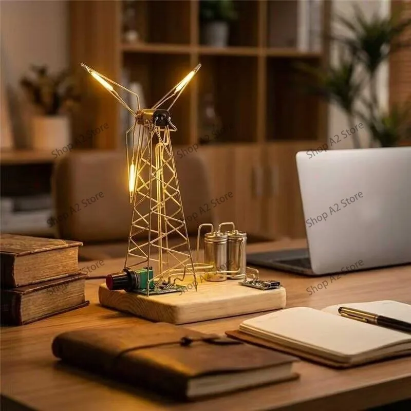 Wind car light DIY industrial wind table top rotatable tower creative light drawing table ornament view 5