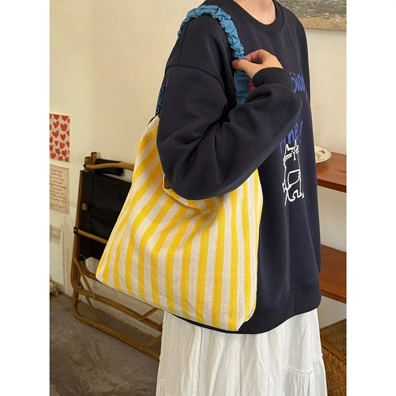 Striped canvas bag women's large capacity shoulder bag color artistic handbag crossbody bag