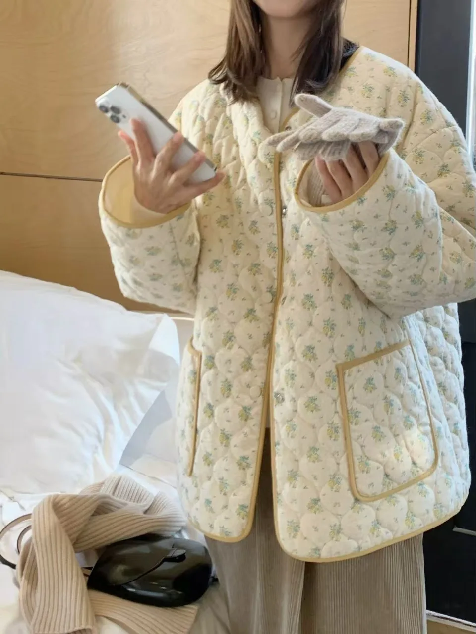 Thiened Cotton Jaet Dames Winter Nieuwe Sle Jeugdige Bloemenprint Warmte Bovenkleding Jas Koreaanse Loose Fit Lange Sve