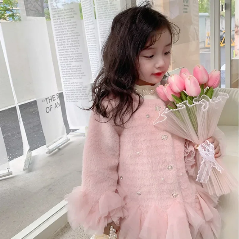 Spring Autumn Kids Girls Coat Jacket Outwear  Sweet Faux Fur Warm Plus Velvet Thicken Winter Woolen Coat Outdoor Fleece Clothes