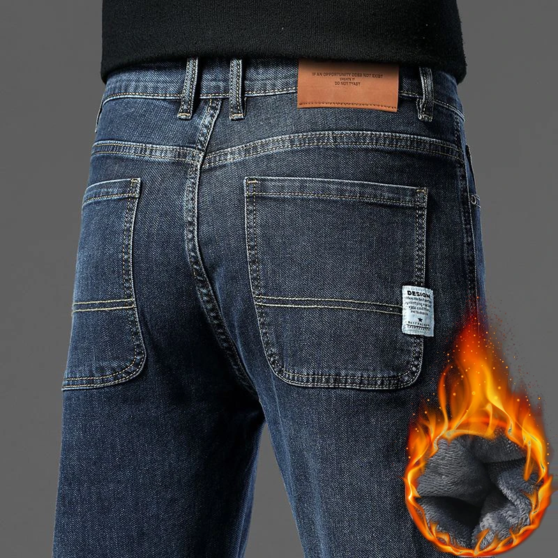 

Winter Fleece Men Jeans High End Fashionable Straight Tube Washed Denim Pants Solid Color Business Thick Warm Velvet Trousers