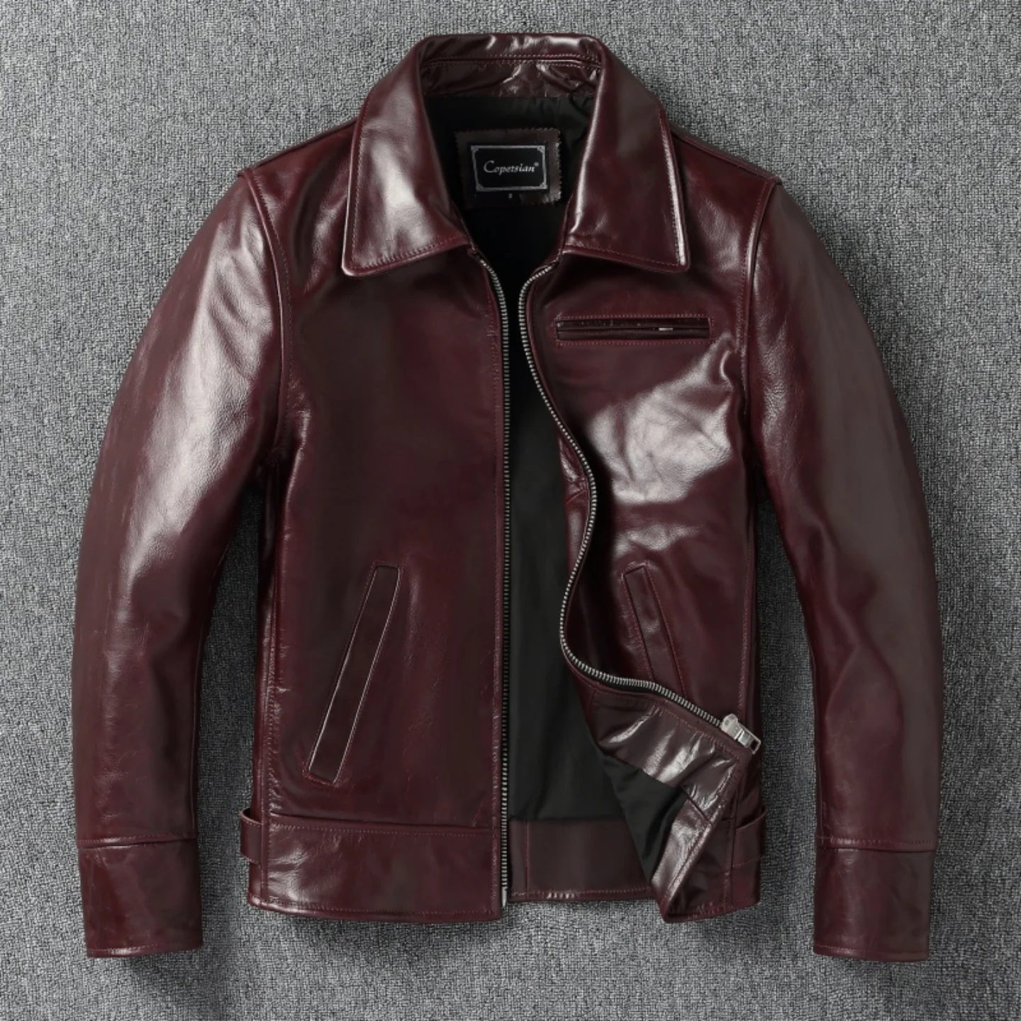 

Кожаное пальто из вощеной коровьей кожи цвета красного вина, мужское, приталенное, молодежное, повседневное, на молнии