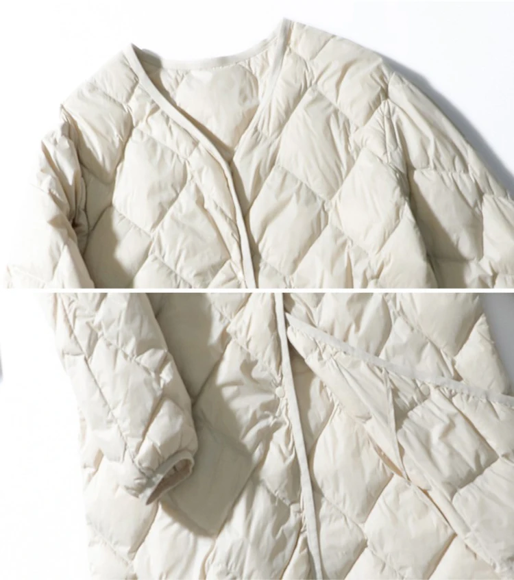 Schinteon Women Ultralight White Duck Down Long Jacket Argyle V-neck Collar Casual Autumn Winter Outwear Coat 2026 New Fashion