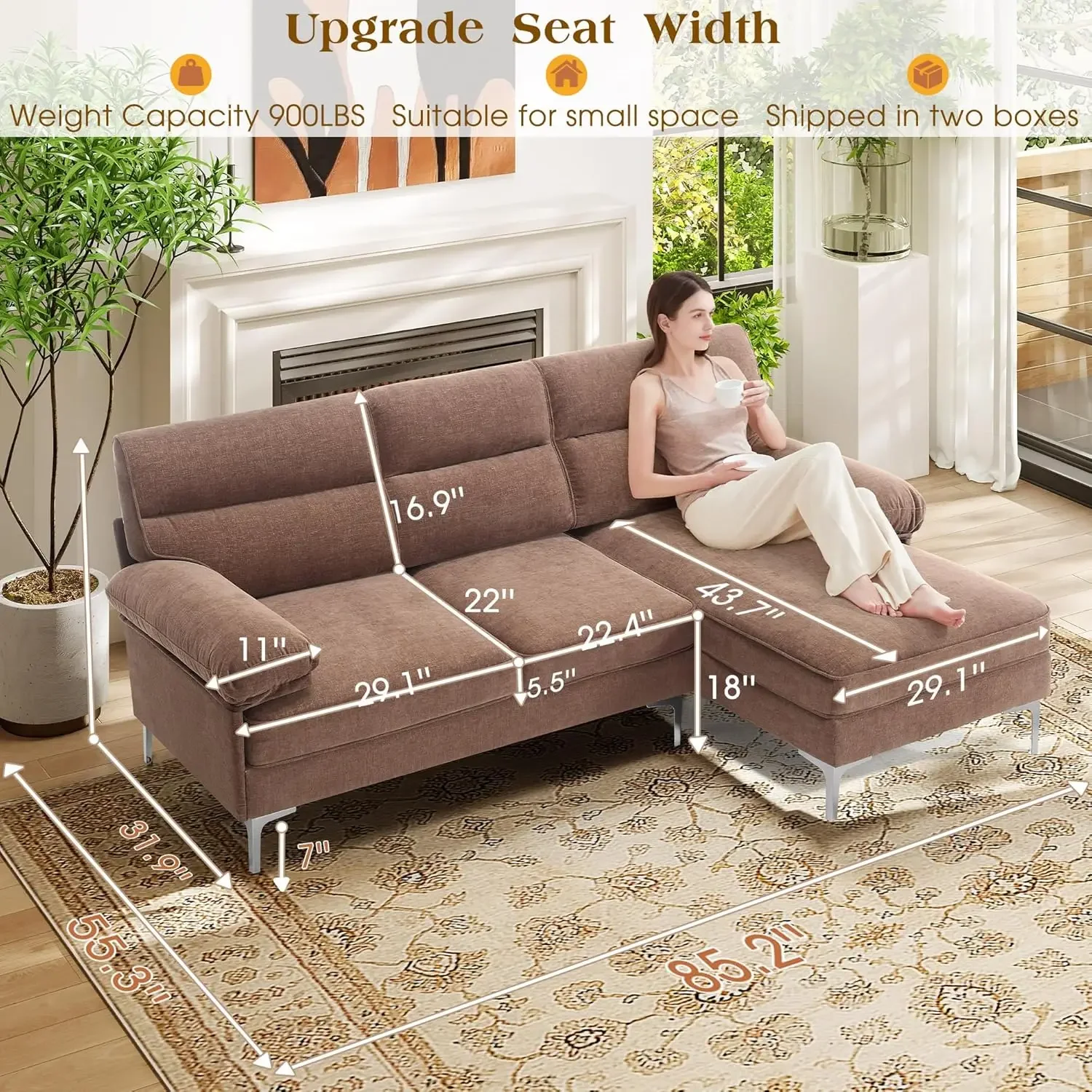 جودة البيع الأكثر مبيعًا - "أريكة مقطعية على شكل حرف L مقاس 85 بوصة مع 3 مقاعد قابلة للتحويل، أريكة مريحة من قماش الشنيل الحديث"