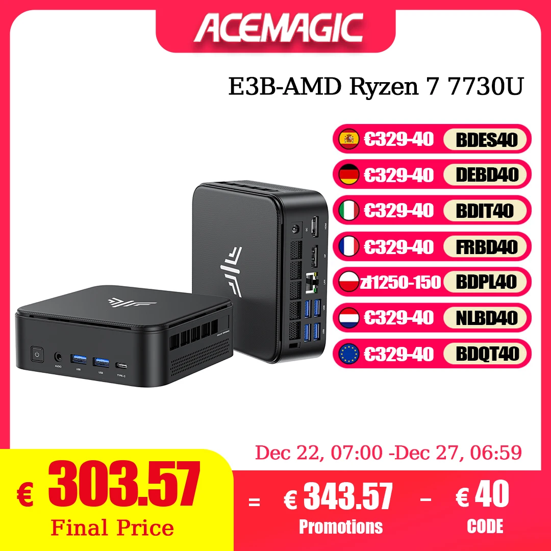ACEMAGIC Mini PC avec AMD Ryzen 7 7730U 16 Go DDR4 512 Go M.2 SSD Mini PC de jeu avec USB type-c prend en charge le triple écran 4K