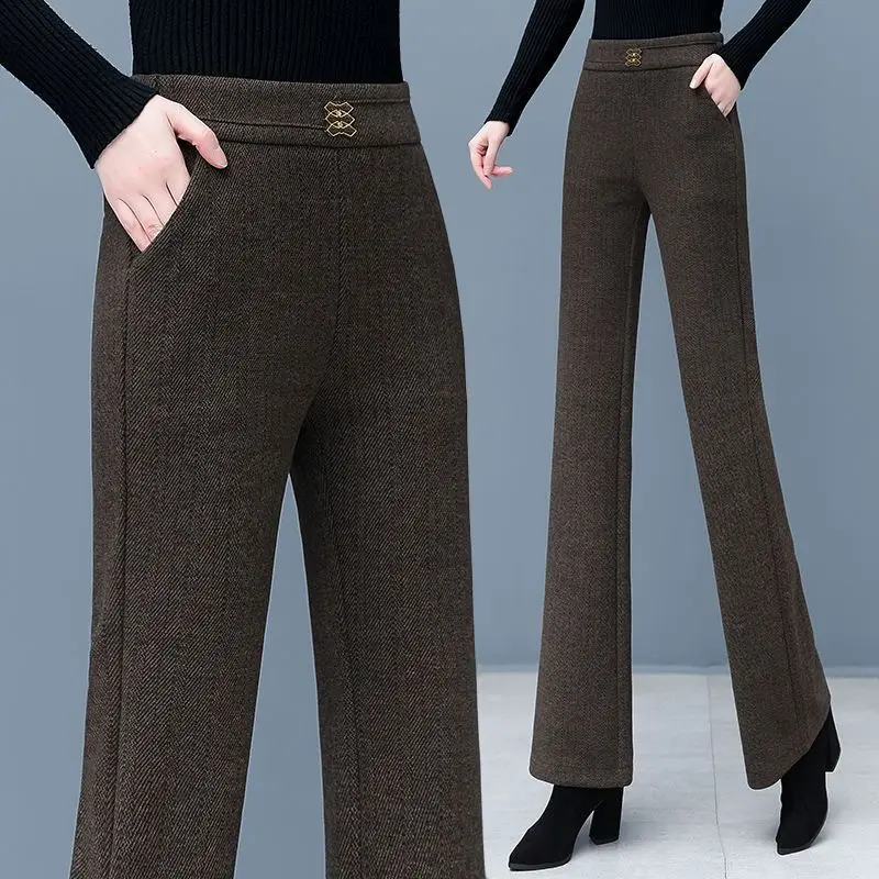 Women's Woolen Pants Autumn Winter New Style Elastic High-waisted Slim Straight Pants Plus Velvet Bootcut Pants
