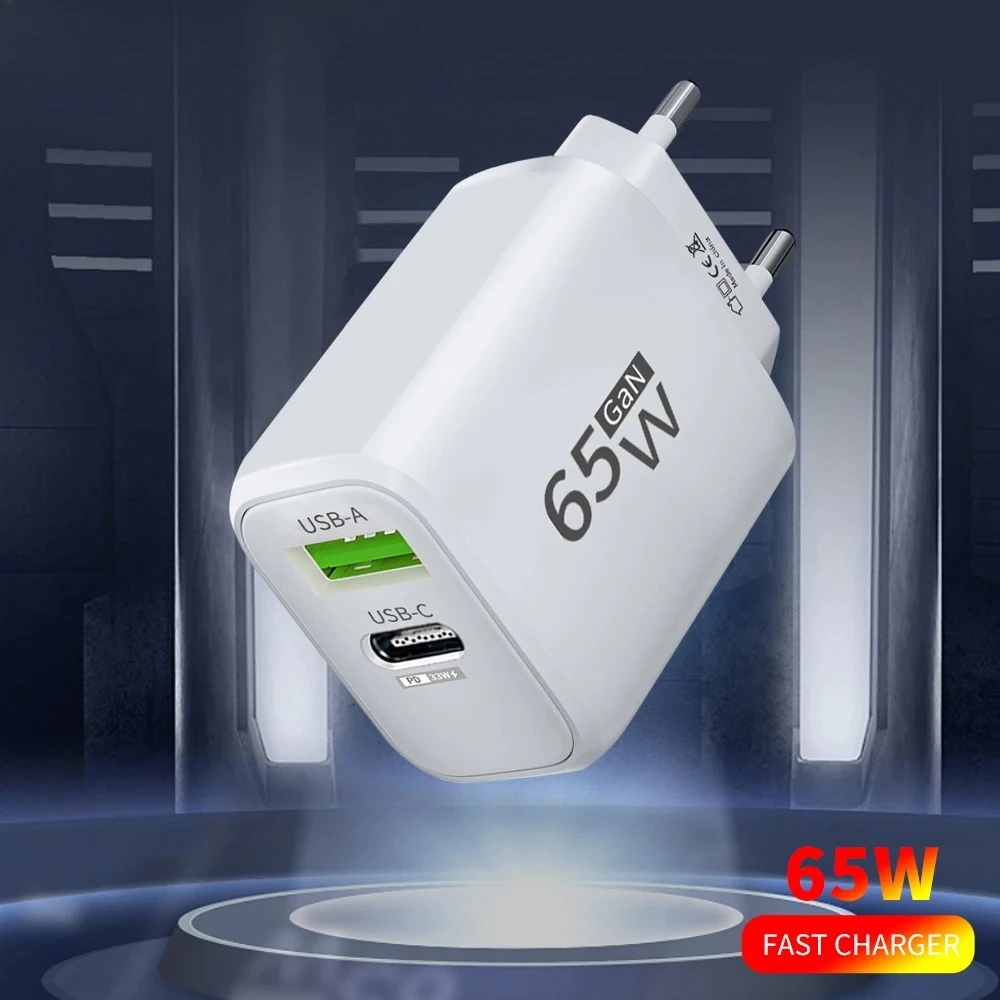 65W GaN USB Charger PD Fast Charging Mobile Phone Fast Charger 2 Port Type C EU/US Plug Adapter For iPhone Xiaomi Samsung Huawei