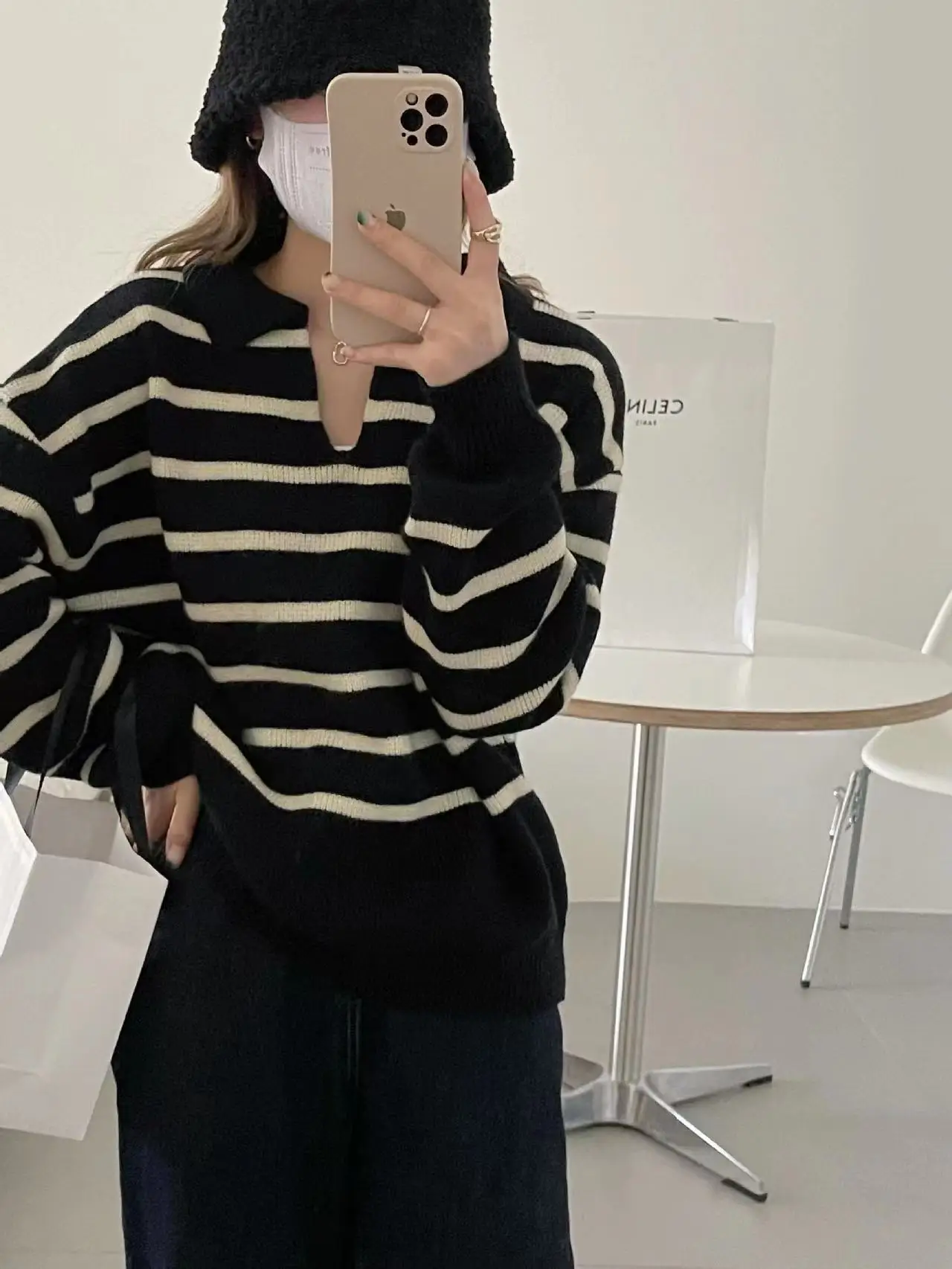 Classic retro casual striped pullover sweater  knitted pullover women autumn and winter new loose long sleeve wind top women