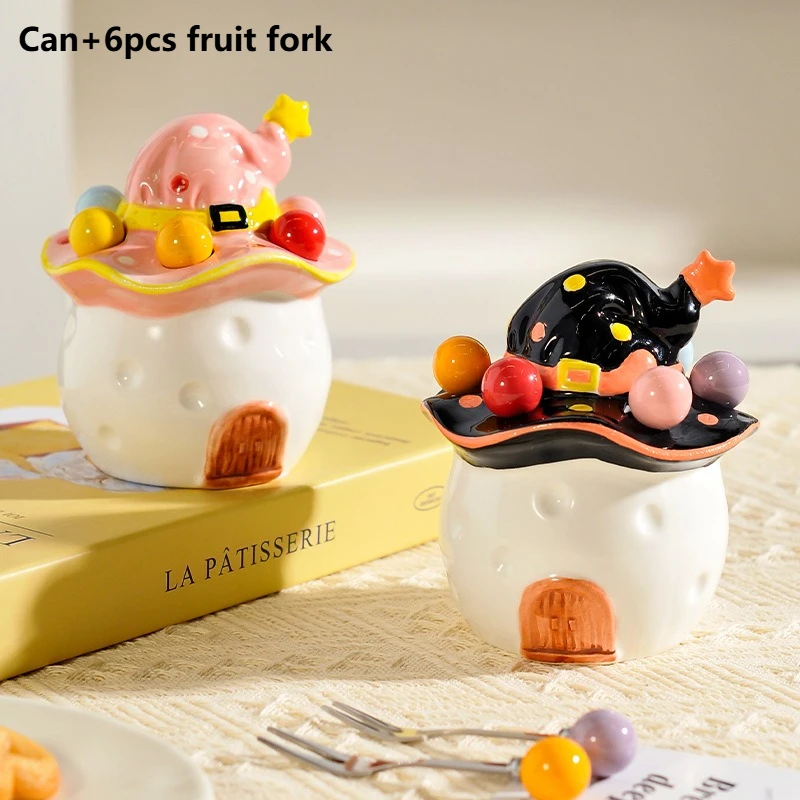 

Rare Ghost Stainless Steel Fruit Fork Set, Magic Hat Ceramic Jar,Dessert Cake Fruit Signature High End Lunch Accesorios for Kids