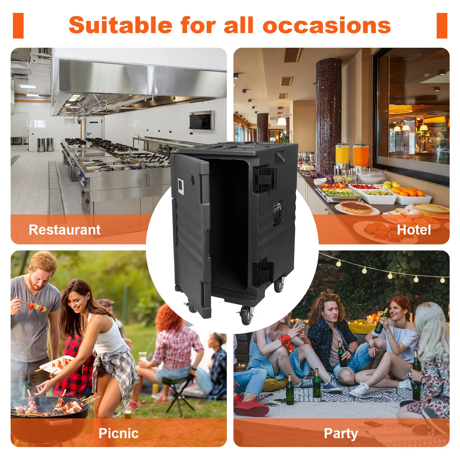 

118QT Front Loading Insulated Food Pan Carrier Front Loading Food Warmer with Wheels W/Handles for Restaurant Canteen