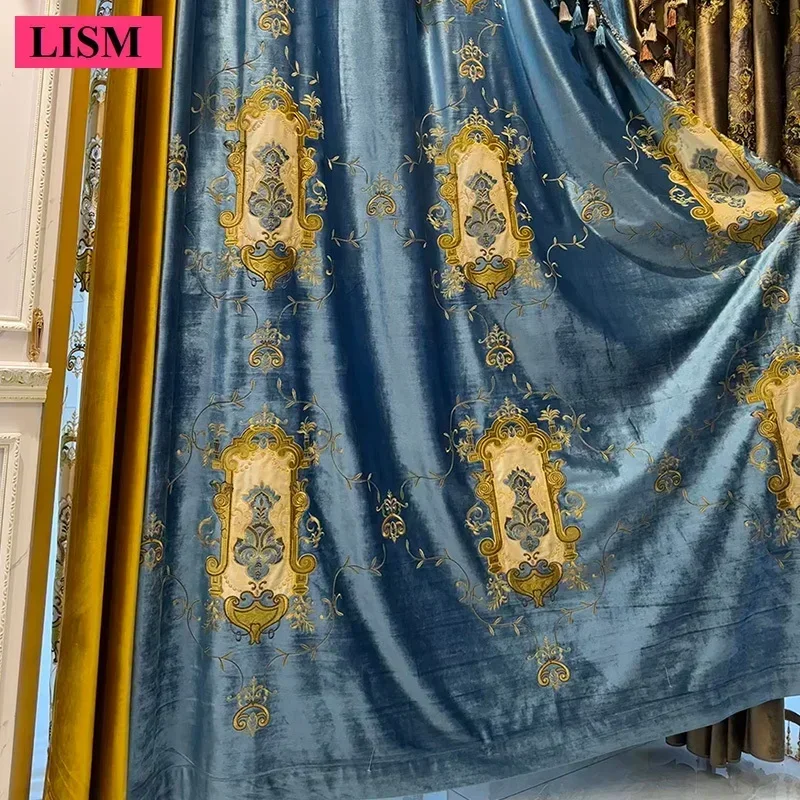 

Роскошные европейские шторы для гостиной, спальни, затемняющие вышитые синие бархатные шторы для окон, элегантный кружевной тюль на заказ