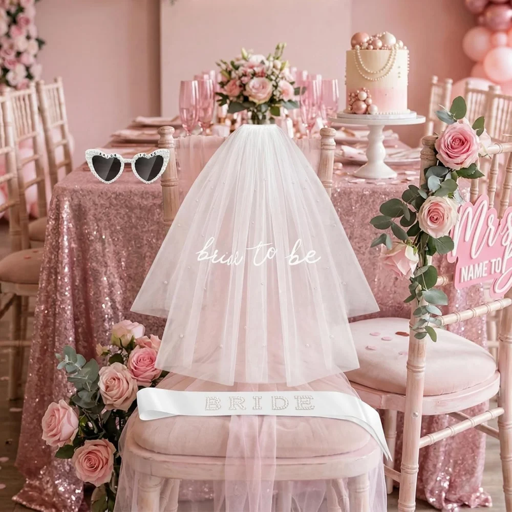 Braut-Zubehör-Set mit Schleier, Schärpe und Sonnenbrille für Junggesellinnenabschied, Brautparty, Verlobung, Strand, Flitterwochen, Foto-Requisiten – Detail 3