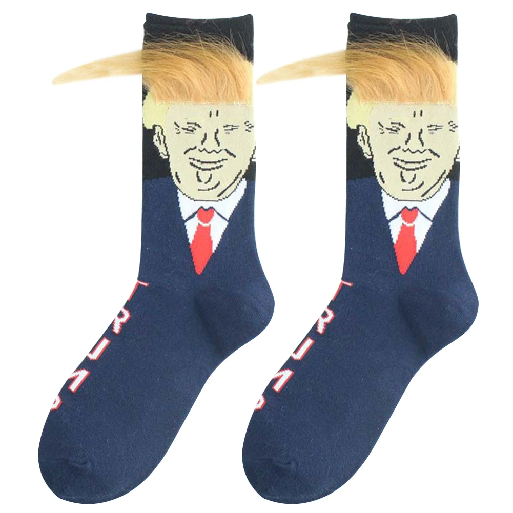 Trump Socks With 3D Fake Hair Crew Socks Spoof Funny President Donald Trump Compression Sock Sports Streetwear Hip Hop Socks