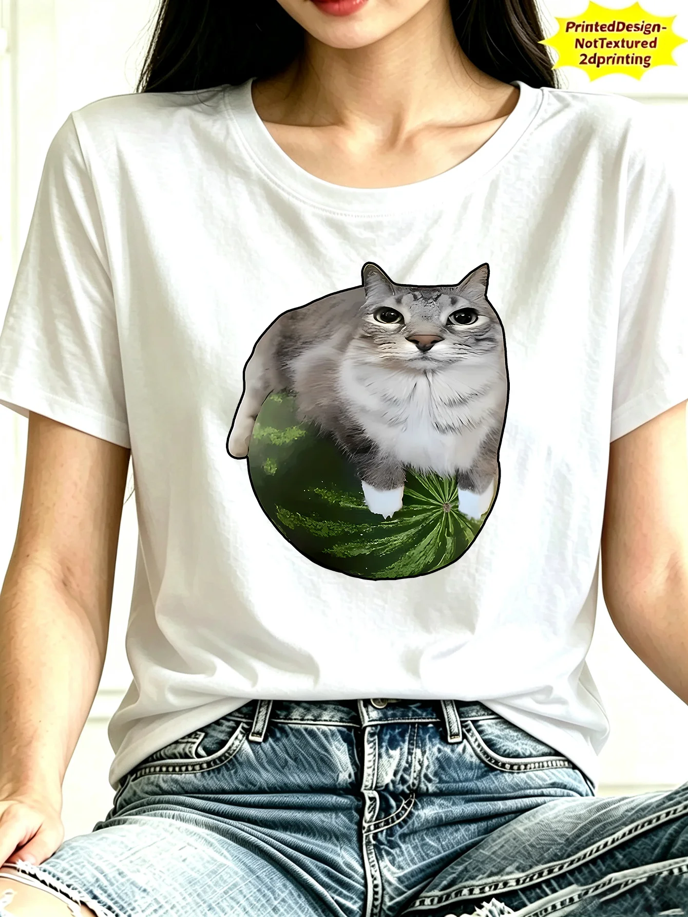 Women Crew Neck Tee Cat Watermelon Graphic Print Short Sleeve Loose Ladies Summer Soft Cotton Plus Size Casual Street Top