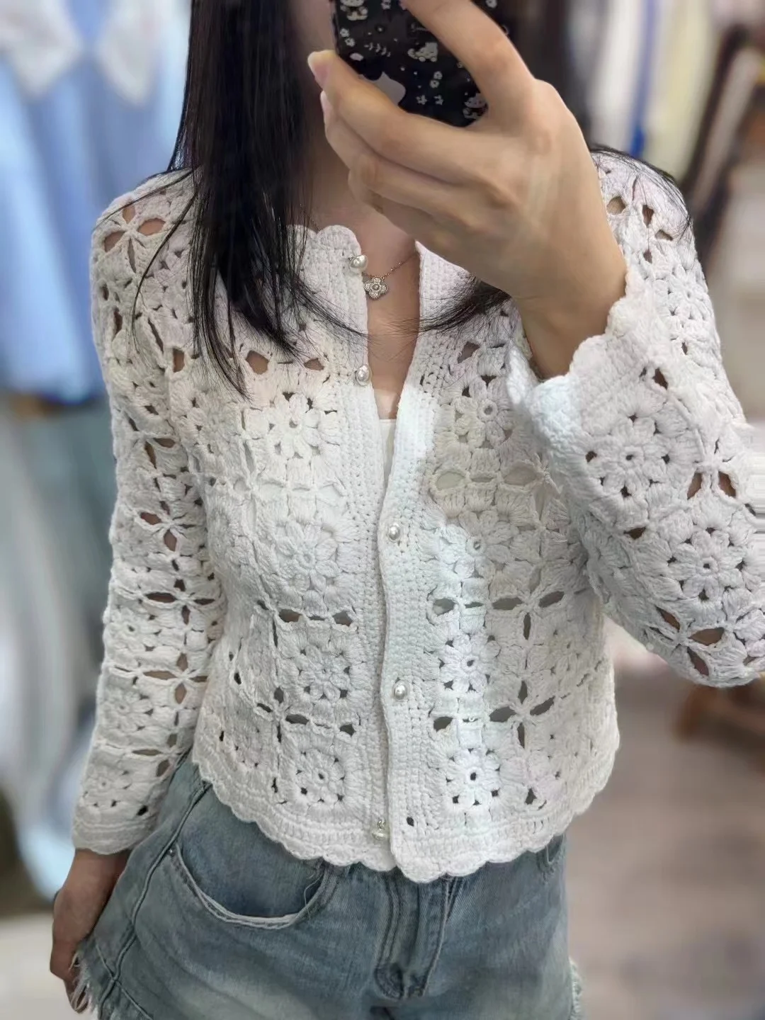 

Hook Flower Hollow Women White Sweater Autumn Winter Long Sleeve Round Neck Casual Female Knitted Cardigan