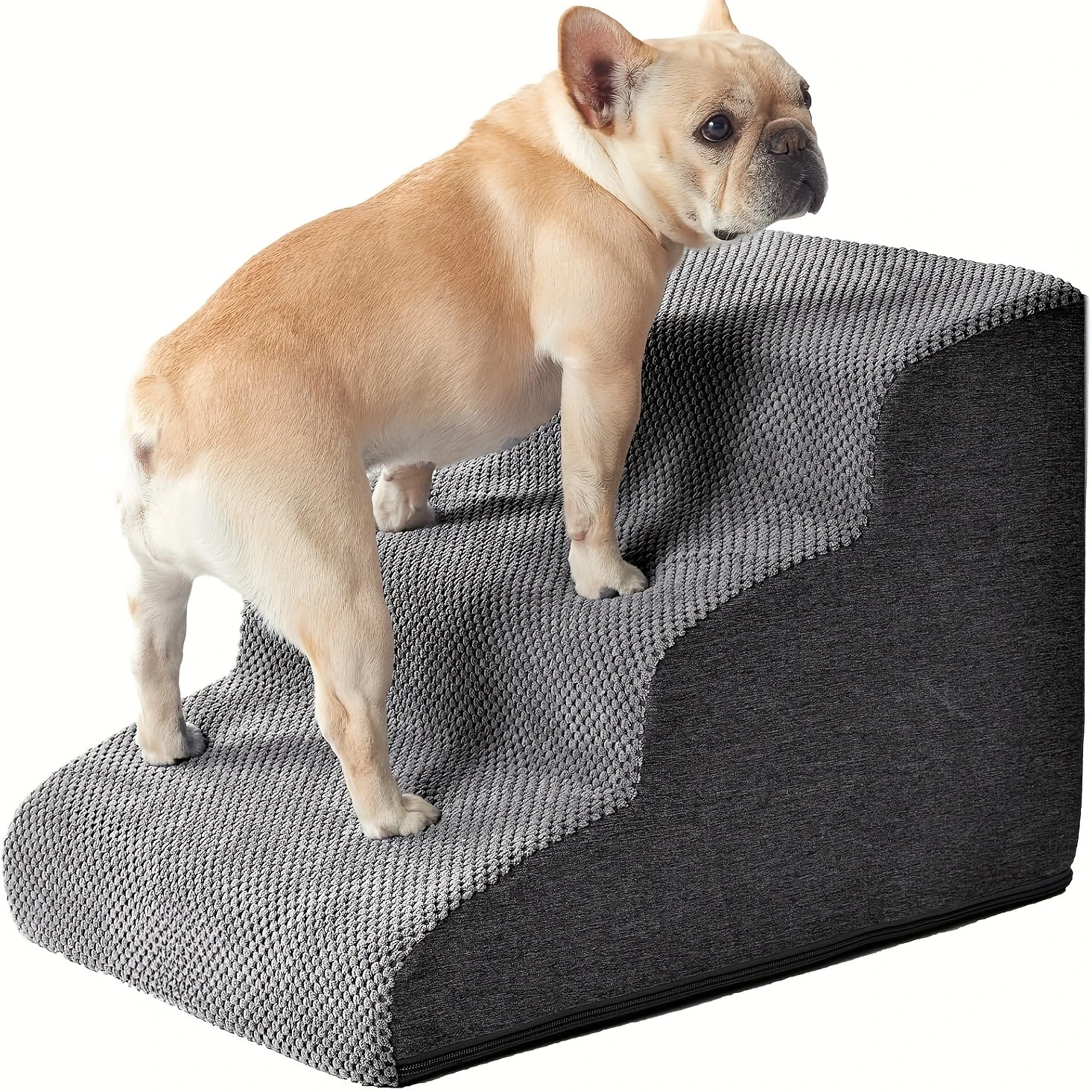 [منحدر كلب منحني بأربع خطوات] منحدر سلالم منحني غير قابل للانزلاق بأربعة خطوات للأسرة العالية بارتفاع 20 بوصة |   خطوات سجادة رمادية ناعمة. لابوبو.