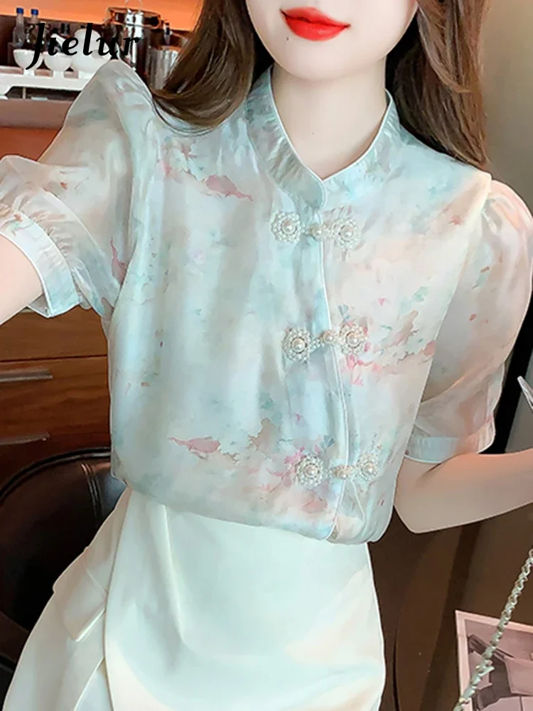 Jielur New Chinese Style Printed Chic Women Shirt Summer Puff Sleeve Stand Neck Fashion Female Shirts Casual Streetwear Outfits