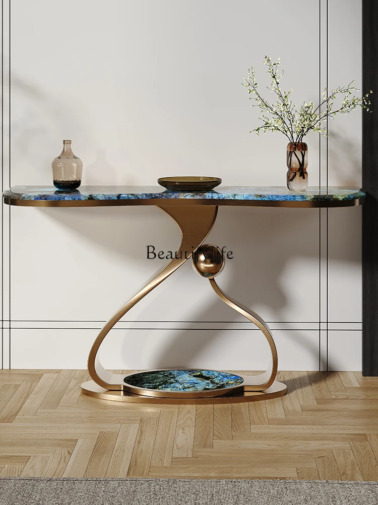 

Light luxury rock slab entrance table strip case end view table against the wall size apartment