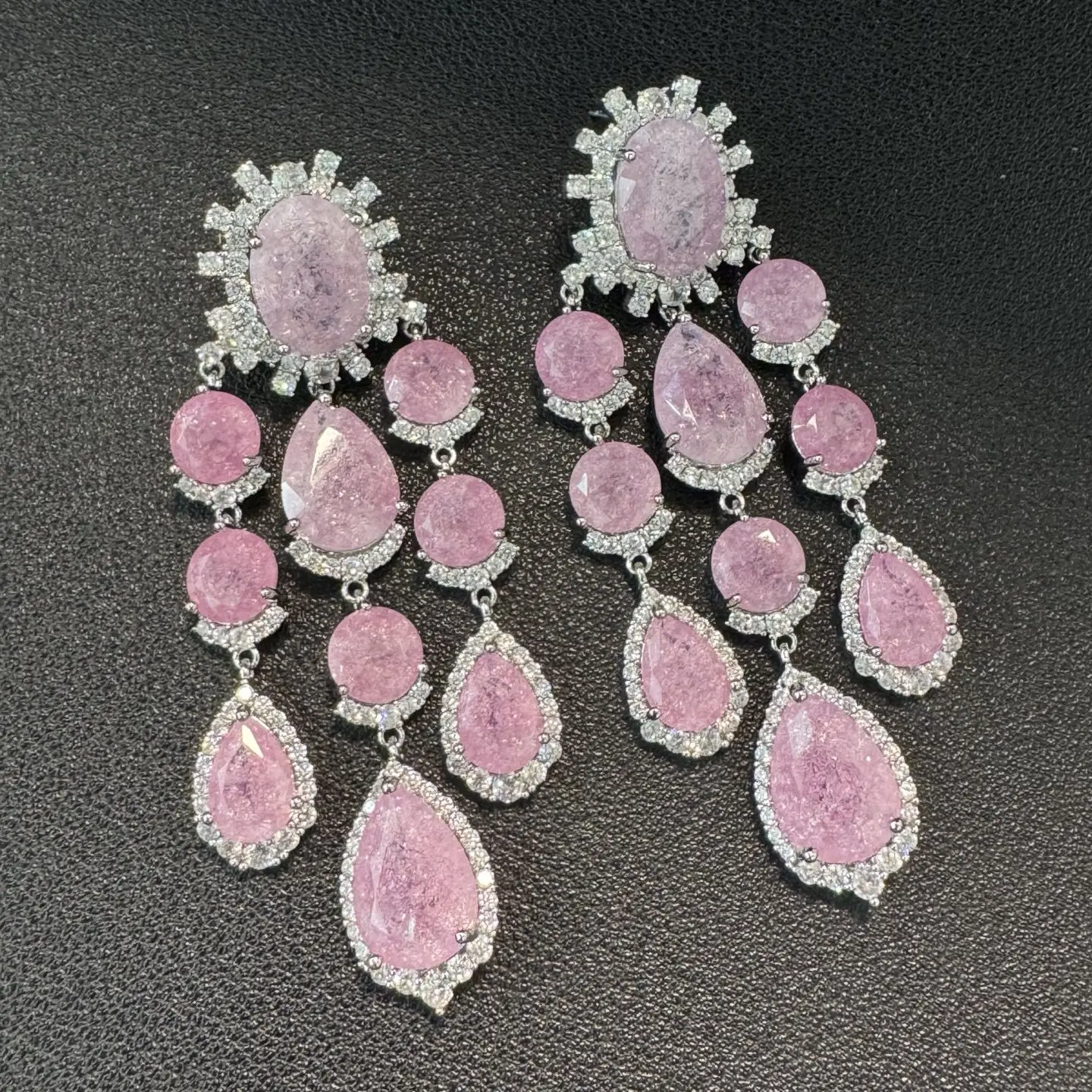 Fashion Color‑Zircon Teardrop Tassel Dangle Earrings For Women, Retro Color‑Contrast Heavy‑Craft Long Drop Earrings, Light‑Luxur