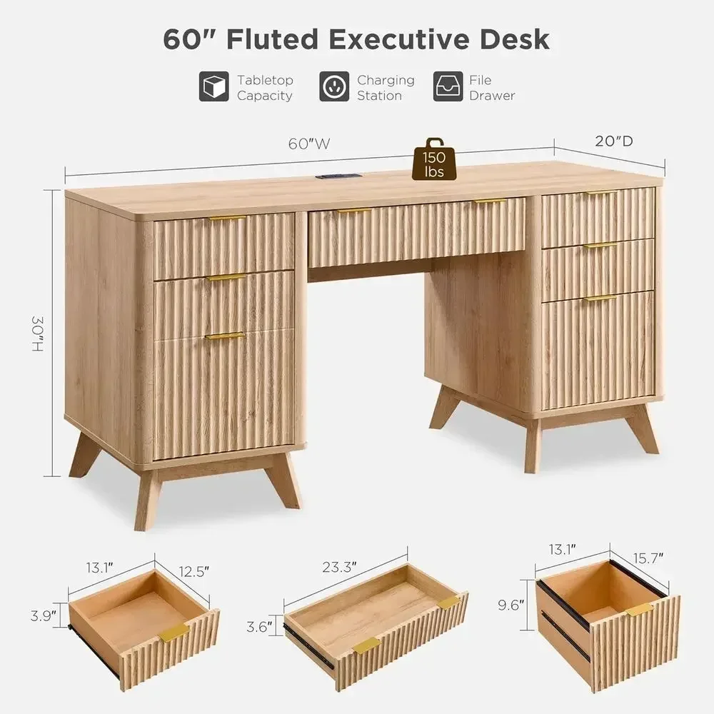 60 Natural Oak Home Office Desk with Charging Station, File Cabinet, Keyboard Tray & Storage