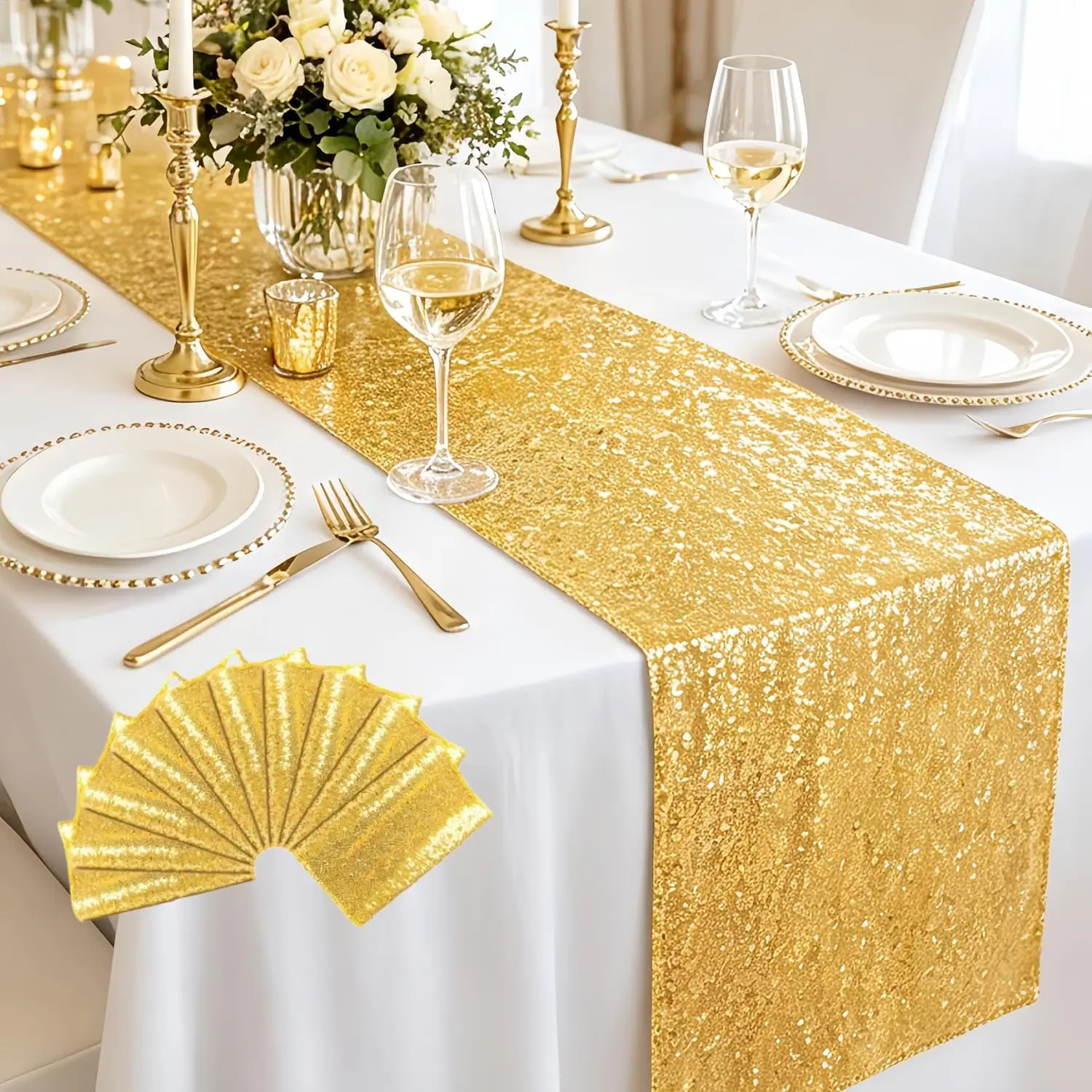 Gold Sequin Table Runner 12x108 Inch 10 Pack for Wedding Party Sequin Fabric, Glitter for Christmas Birthday Holiday Catering Event Dining Decor, Washable & Reusable, Fits 6ft/8ft Tables