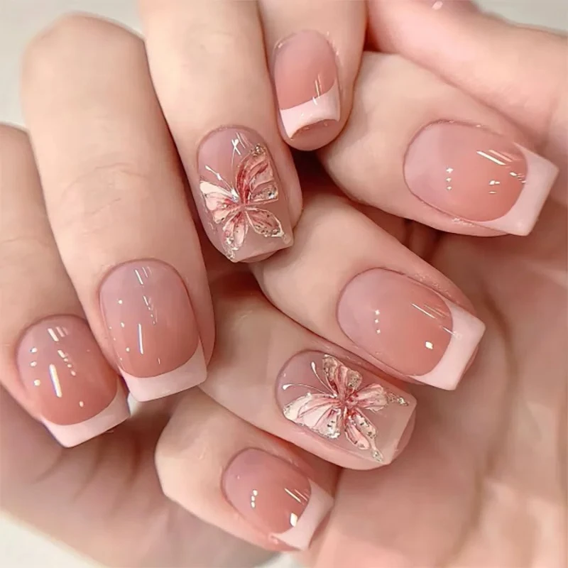 

French Pink Butterfly Flower Gold Line Glitter Powder Square False Nails Art Gradient Fake Nails Rhinestone Press on Nails Charm