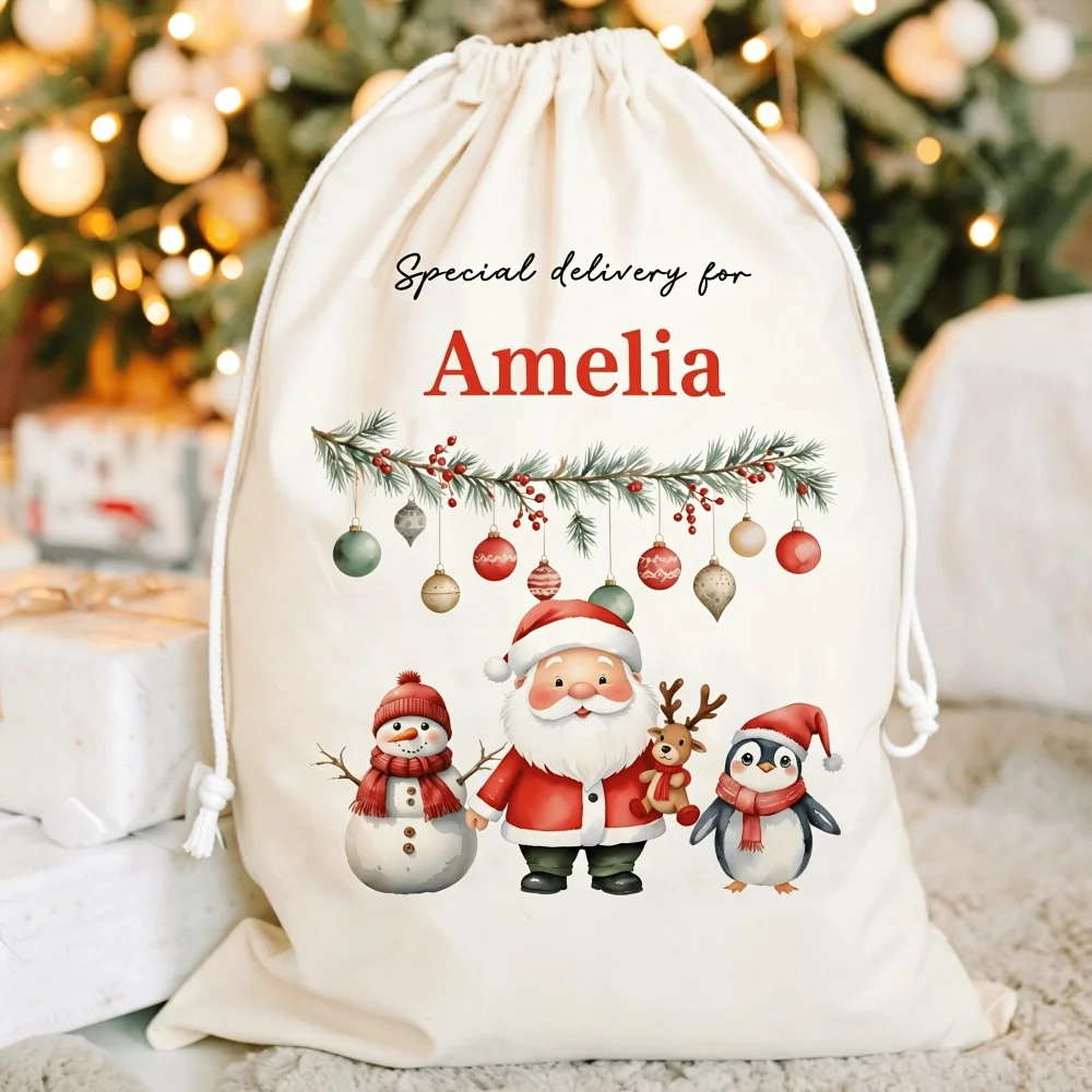 1Pc Personalized CustomName/Text Santa Imitation Hemp Gift Bags, Extra-Large Drawstring Bag,Party Gift Candy Bags,Christmas Gift