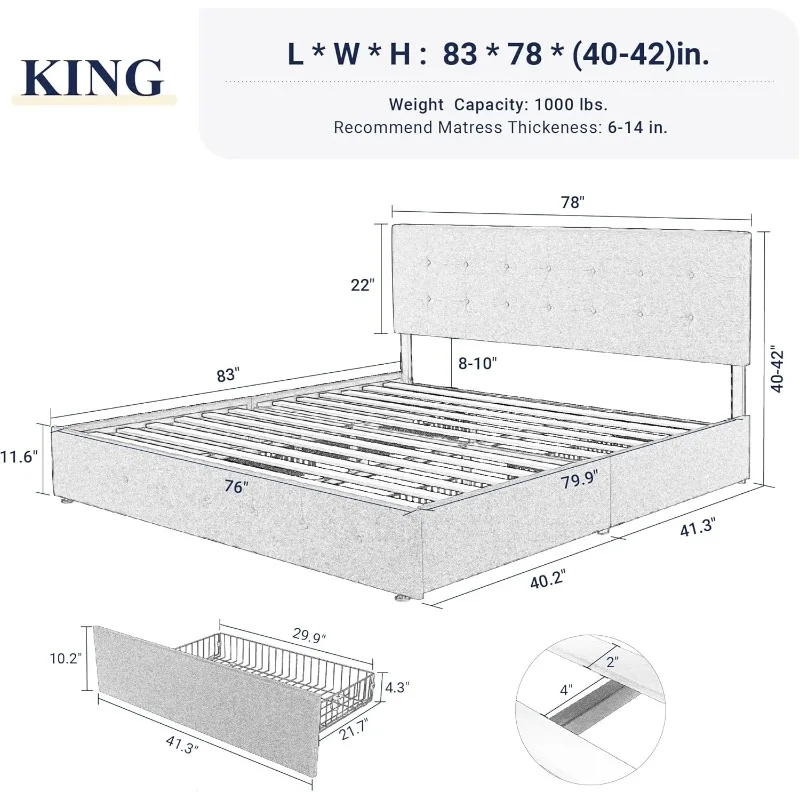 Size Platform Bed Frame with 4 Storage Drawers and Headboard, Square Stitched Button Tufted, Mattress Foundation