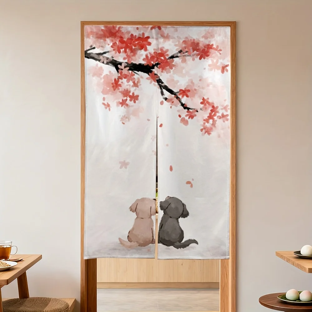 Cherry Blossom Dog Pattern Door Curtain Pink Flower Print Cute Puppy Room Divider Window Treatment for Home Entrance Decor