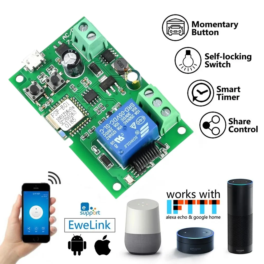 USB 5V DC7-32V eWeLink 스마트 와이파이 스위치 범용 릴레이 모듈, 1CH 무선 스위치 타이머, 구글 홈용 전화 리모컨