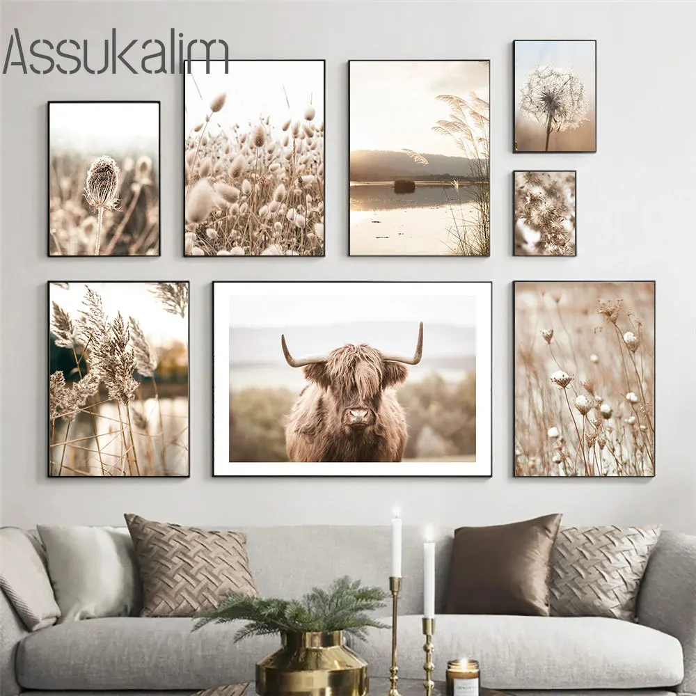 Highland Cow Canvas Posters Dandelion Wall Art Dried Grass Poster Mural Beige Landscape Art Prints Nordic Living Room Decoration