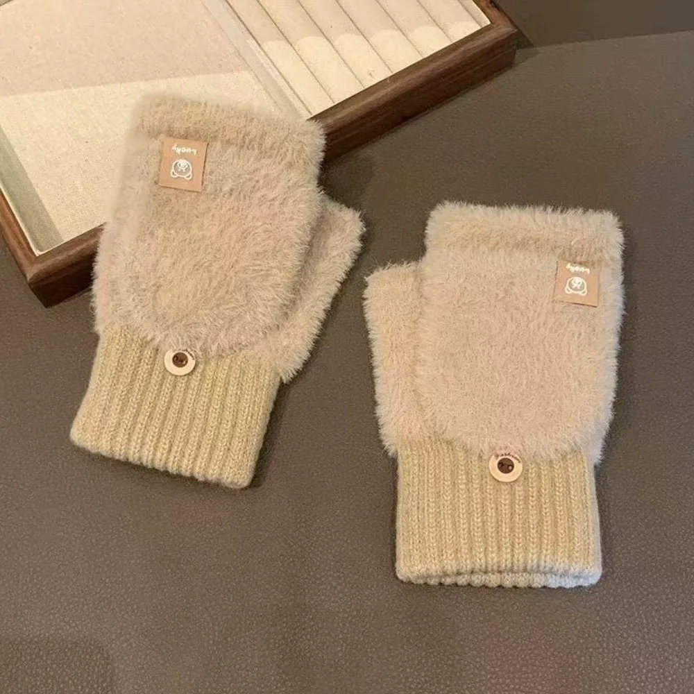 Cute Soft Plush Flip Cover Gloves Fuzzy Warm Half Finger Gloves Cartoon Bear Convertible Mittens Daily