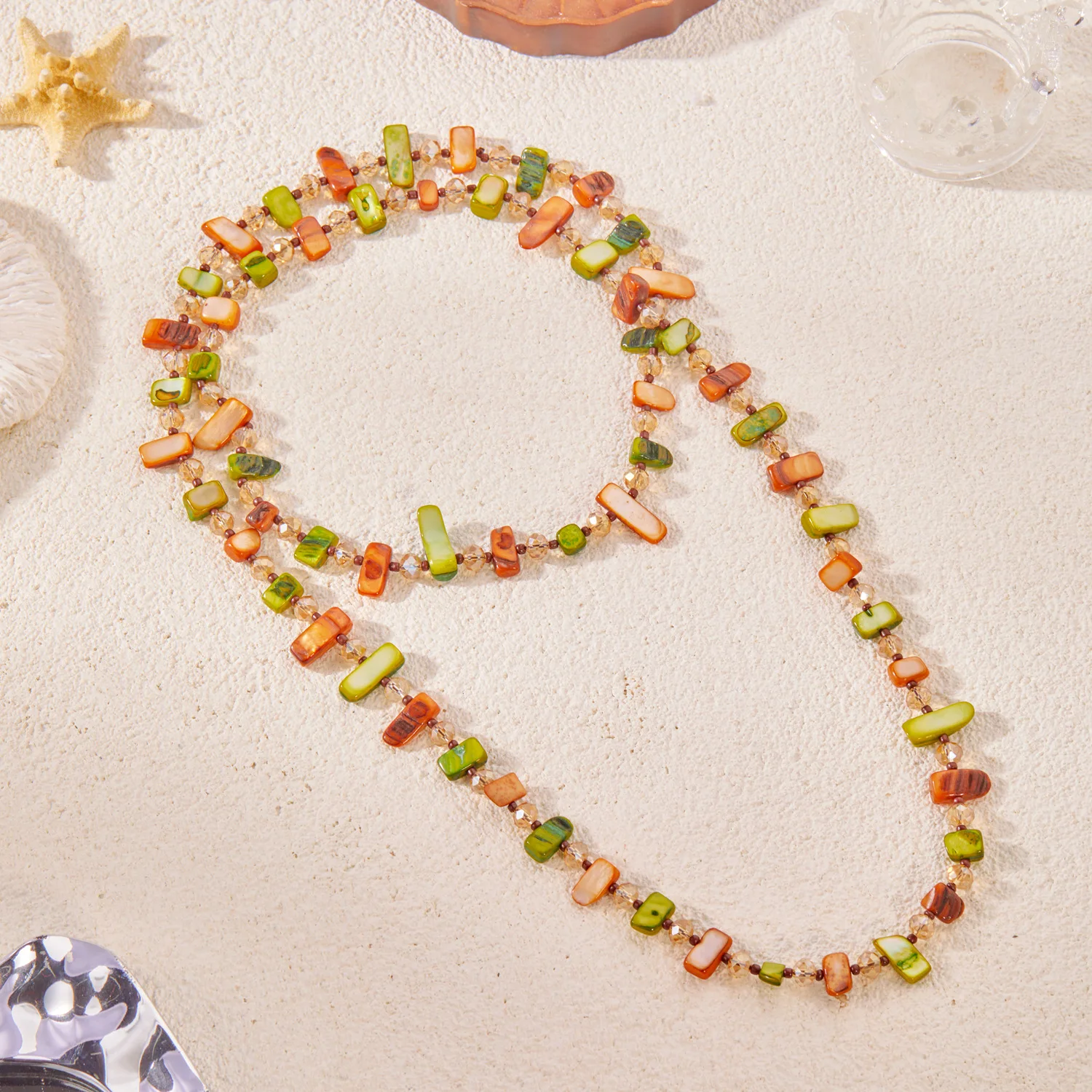 Böhmische bunte unregelmäßige Muschel-Perlenketten für Damen und Herren, handgefertigte Kristallperlen, doppellagige lange Pulloverkette, Schmuck – Detail 5