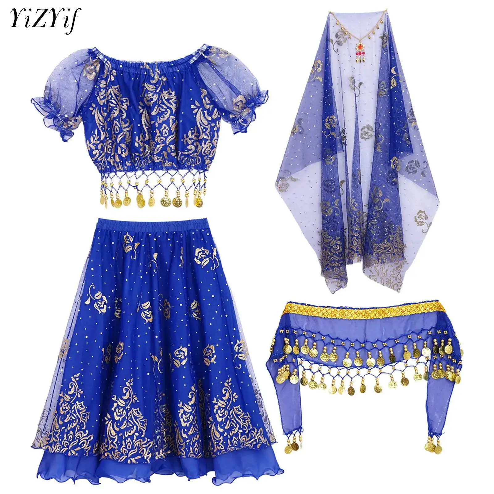 

Kids Arabian Belly Dance Set Costume Crop Top Skirt Waist Chain Headscarf Set Girl Indian Party Arabic Stage Performance Suit