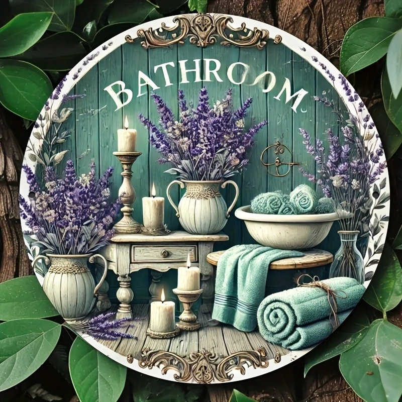 2D 8in Lavender Bathroom Theme Wooden Circular Disc Doorplate Artistic Home Dormitory Group Living Area Decoration Hanging Sign