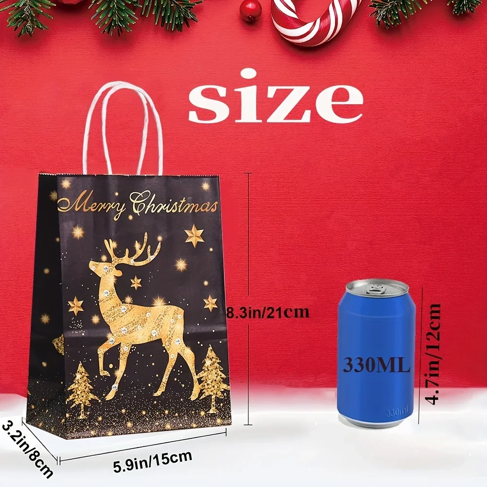 24pcs Christmas Gift Bags Foldable Kraft Paper Holiday Themed Designs with Handles Reusable Present Bags for Party Favors