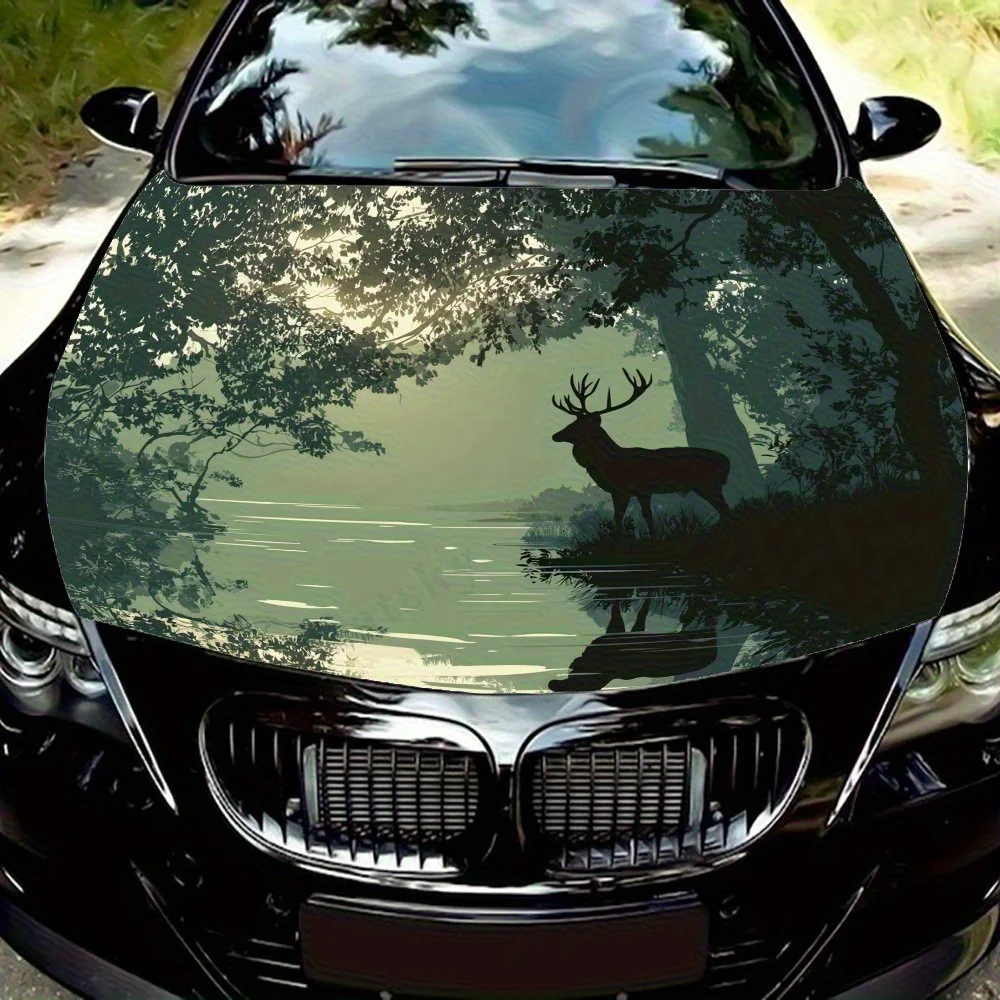 

Силуэт оленя от зеленого лесного озера, наклейки на автомобиль, наклейки на капот двигателя, аксессуары для автозапчастей, упаковка с узорами, модификация