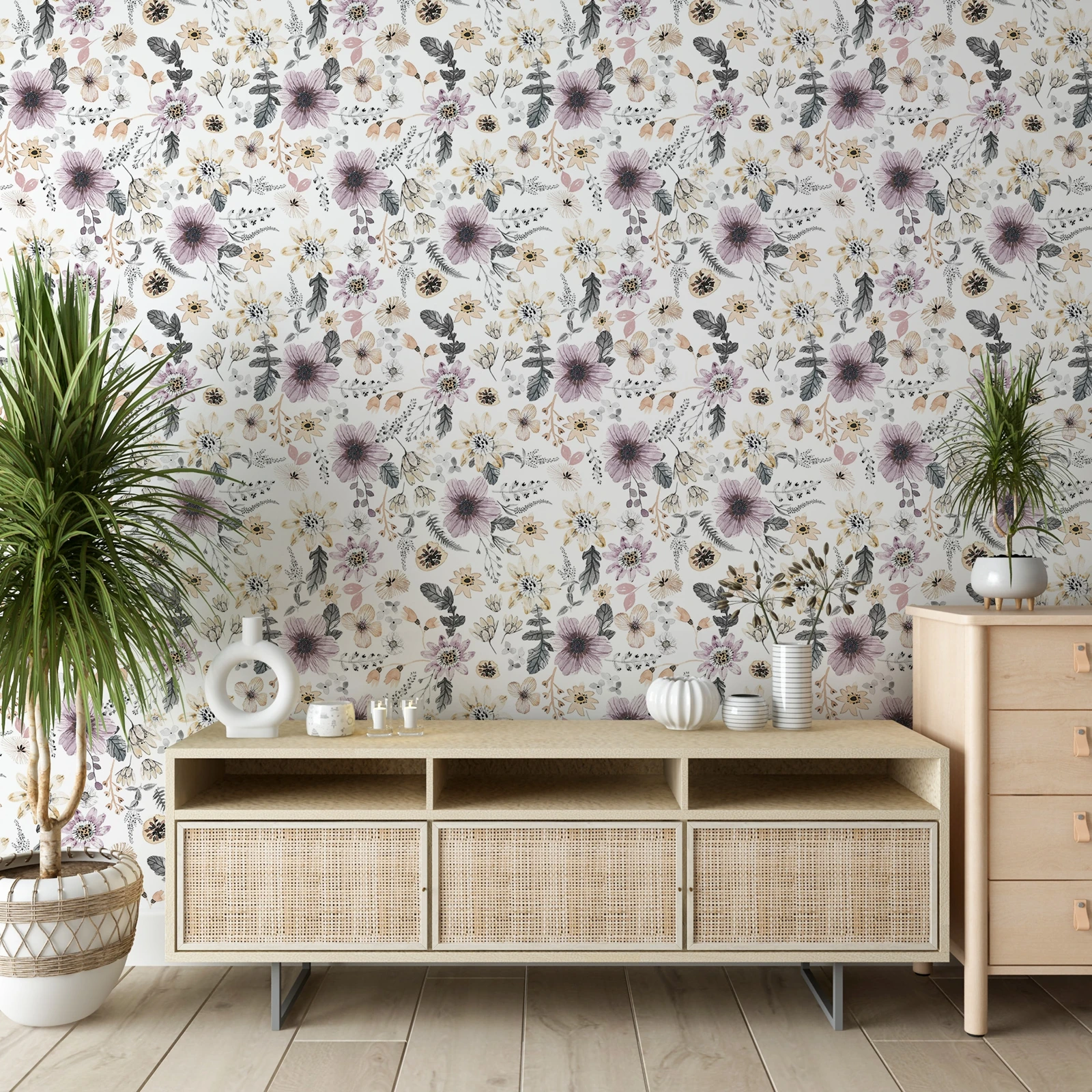 Romantic Floral Wallpaper Self Adhesive,Soft Hues Of Purple And Beige Bedroom Sticker Wallpaper,Modern And Clean Look Home Decor