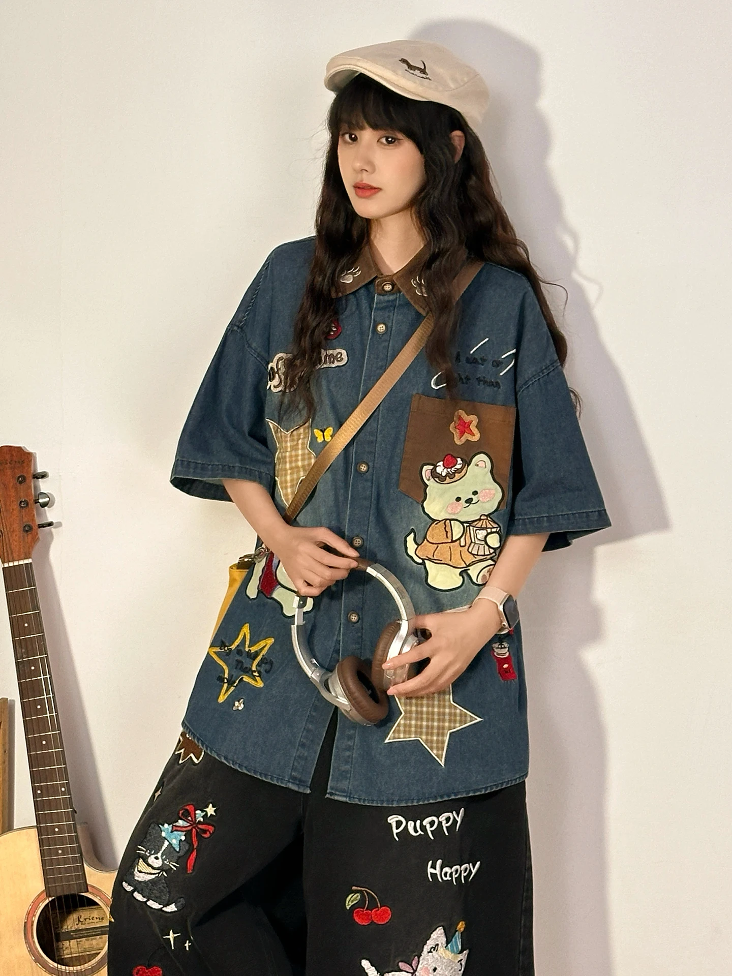 

SOLDOUT Original American Retro Cartoon Embroidered Denim ort Sve irt Women Summer New Loose Top Trendy Cotton irt