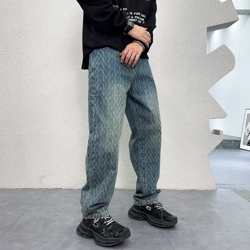 

2024 autumn new fashion printed jeans men's high street fashionable hip hop design high-end loose casual Y2K wide-leg pants