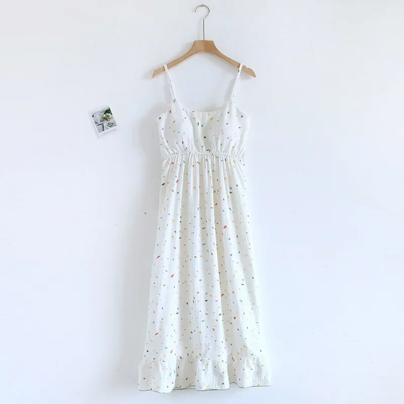 

2025 New Summer Women's Sleeping Skirt 100% Cotton Crepe with Chest Cushion Suspender Dress Cute Thin Home Dress Summer Dress