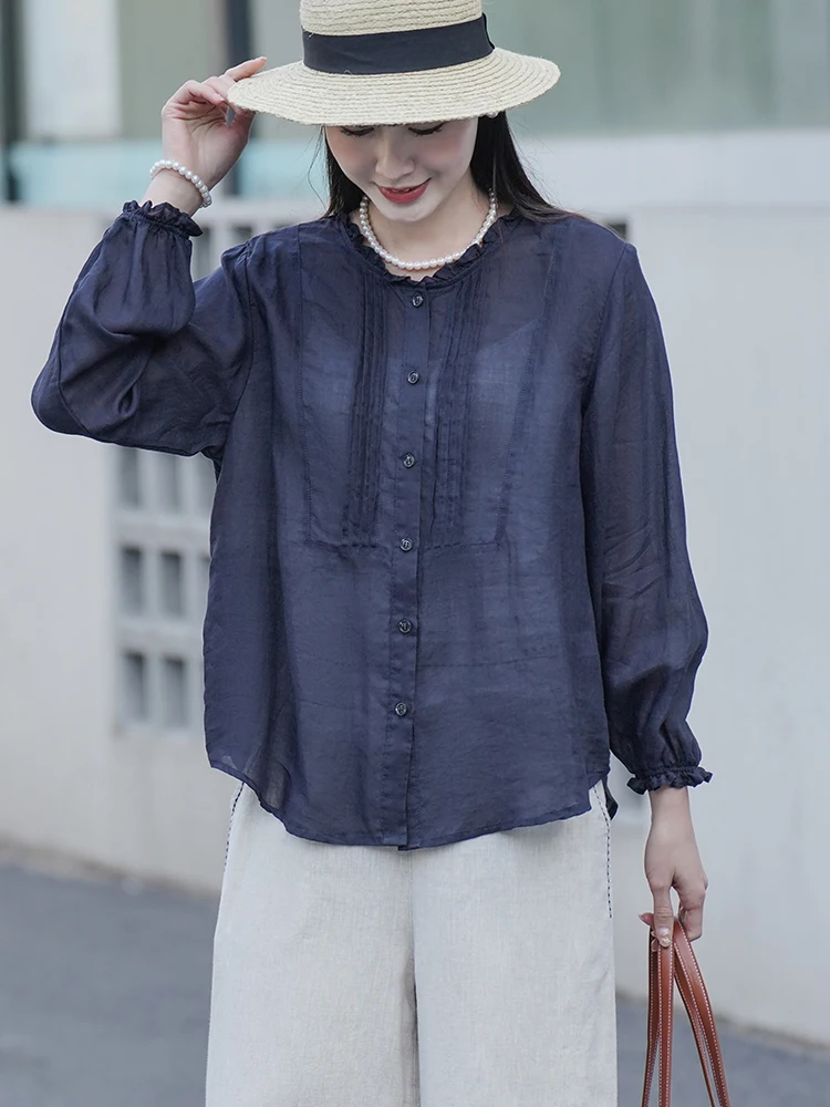 

Женская рубашка Maiyi из 100% конопляной ткани с воротником-стойкой, длинными рукавами, тонкими плиссированными вставками, летняя, легкая, в винтажном стиле, свободного кроя