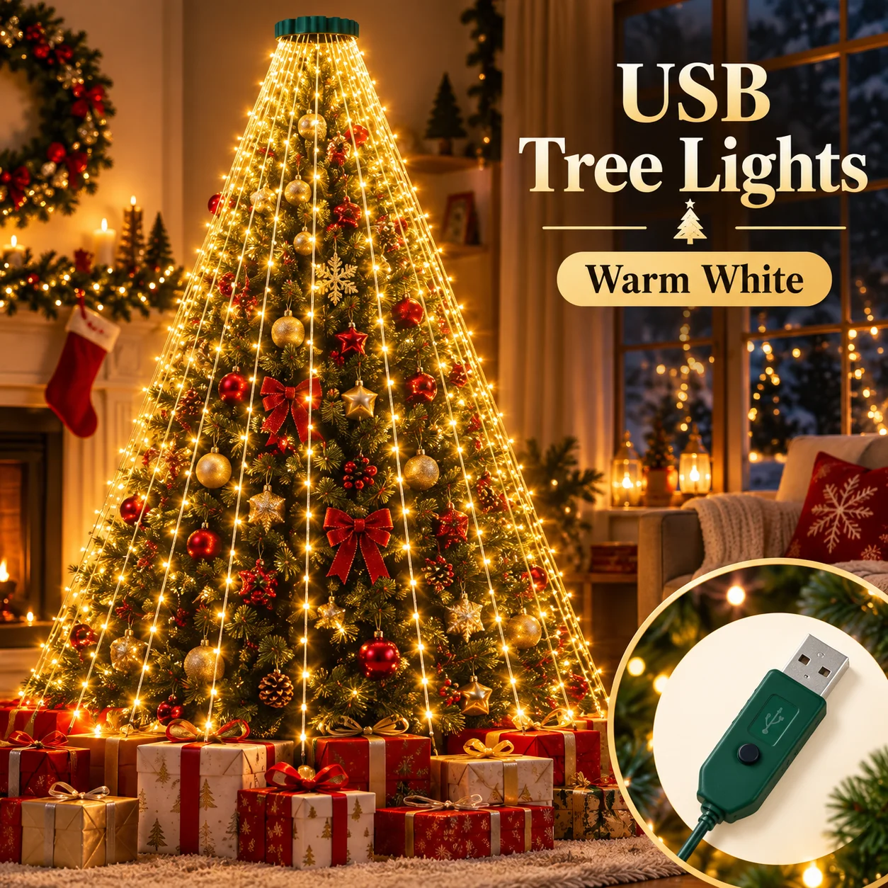 Christmas Tree Lights USB LED Ring Tree 220/400LED Warm White 8 Modes for Window Wall Door Bedroom Party Holiday Decor