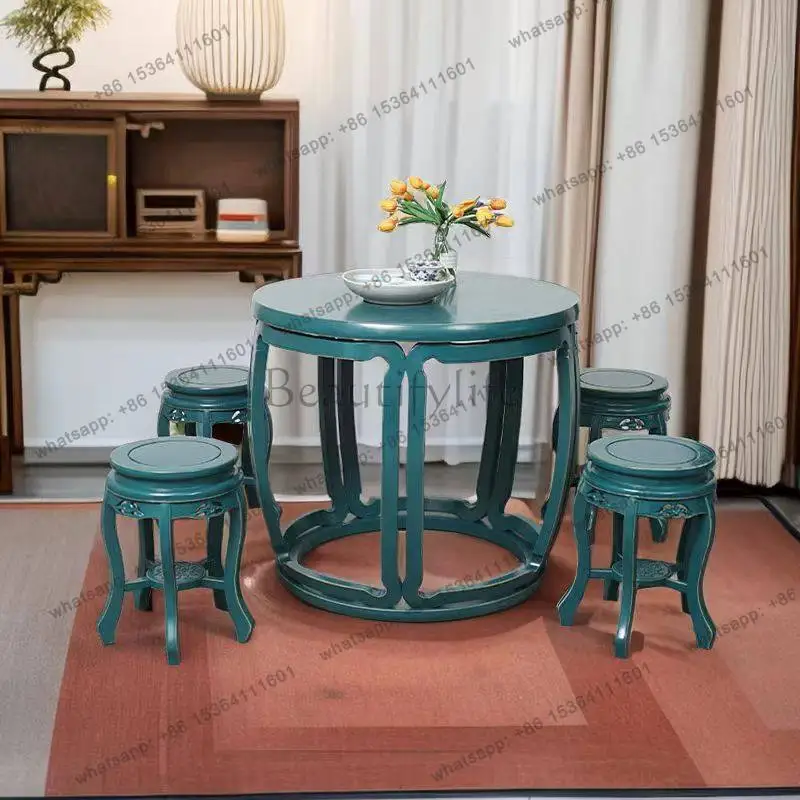 New Chinese-style all-solid wood painted furniture round table Chinese round drum round dining table and chairs